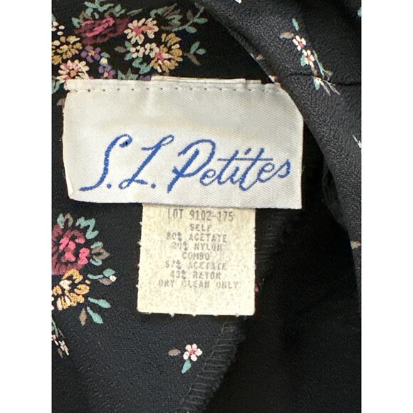 VTG SL Petites 80s Prairie Dress 8 Black Cream Floral Lace Coquette Cottagecore - Picture 11 of 16